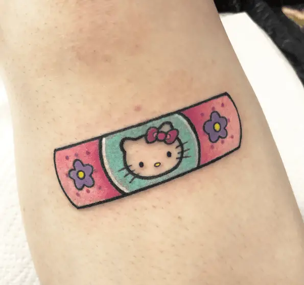 Pink Colored Hello Kitty with Flowers Band-Aid Tattoo