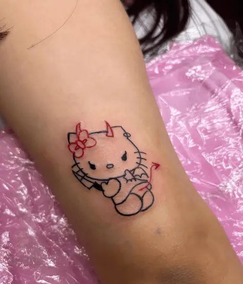 Black Line with Red Ink Devil Hello Kitty Tattoo