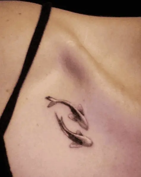 Greyscale Twin Fish Collarbone Tattoo