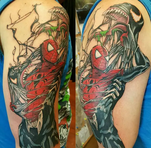 Red Spiderman and Venom Sleeve Tattoo