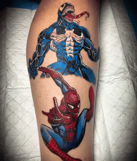 Venom and Spiderman Leg Tattoo