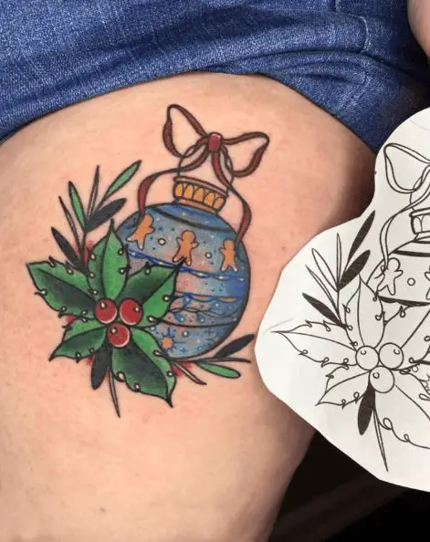 Christmas Egg and Leaves Deco Tattoo