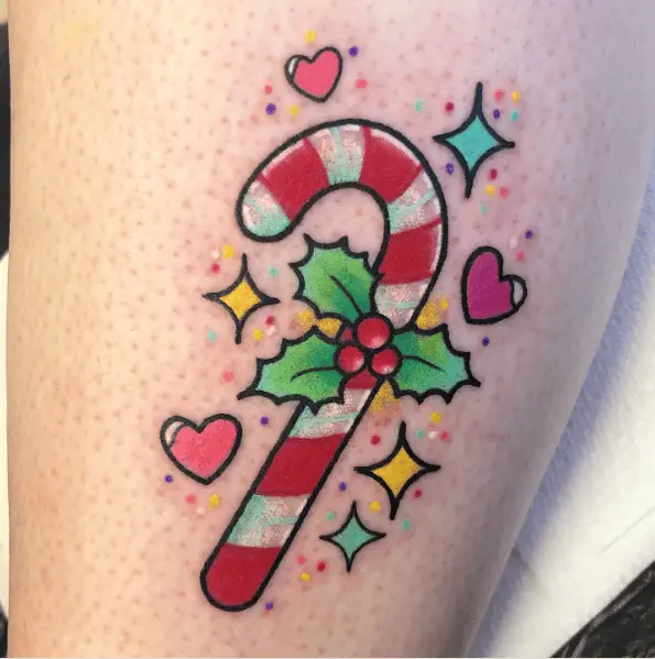 Candy Cane with Tiny Hearts and Sparks Tattoo