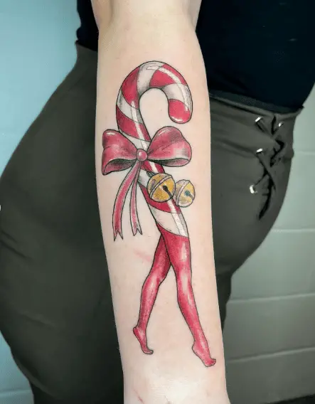 Candy Cane with Legs Forearm Tattoo