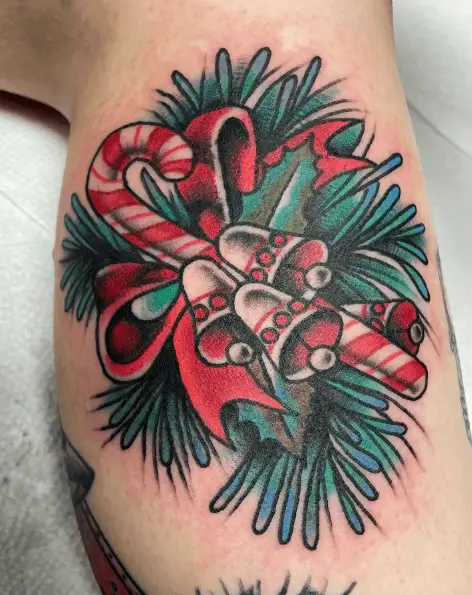 Candy Cane with Jingle Bells Calf Tattoo
