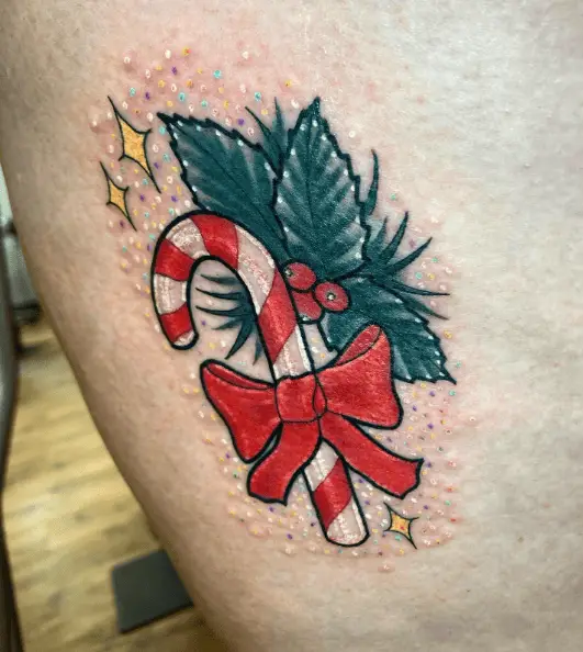 Candy Cane with Red Bow and Leaves Tattoo
