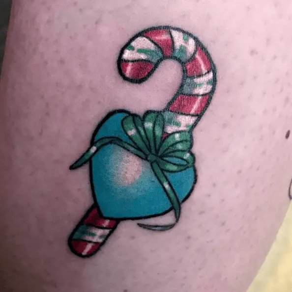 Candy Cane with Blue Heart Christmas Tattoo