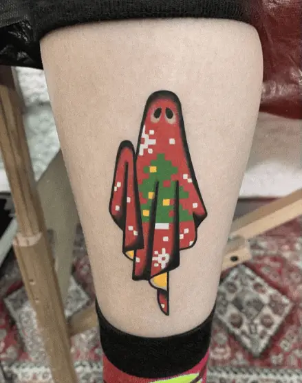 Red Fabric Christmas Ghost Leg Tattoo