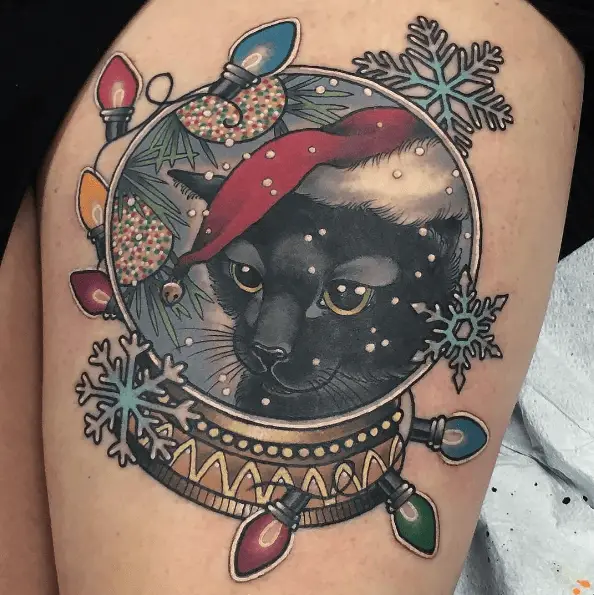 Cat Santa Snow Globe Tattoo
