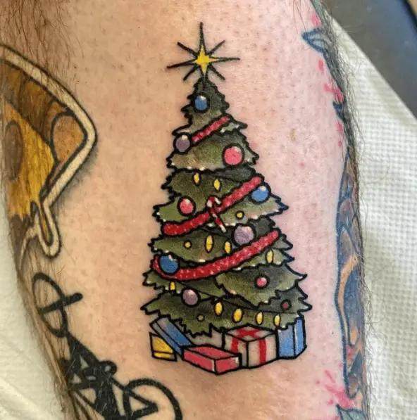 Green Christmas Tree with Gifts Tattoo