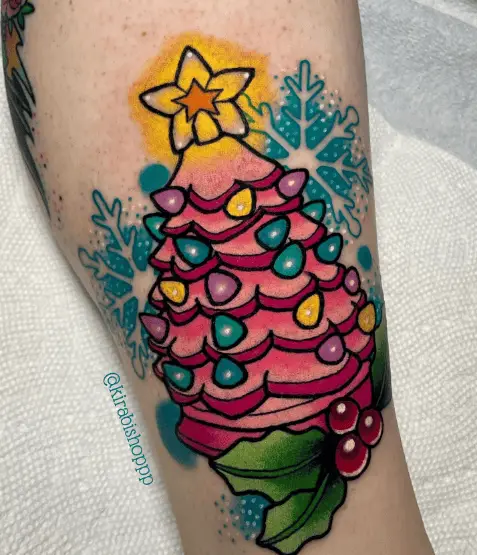 Pink Christmas Tree with Sparkling Lights Tattoo