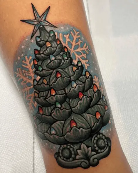 Ceramic Christmas Tree with Bulbs and Snowflakes Tattoo