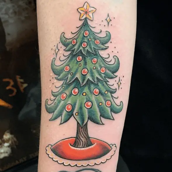 Christmas Tree with Decors Forearm Tattoo
