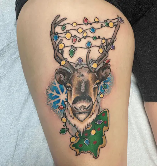 Christmas Themed Reindeer Thigh Tattoo