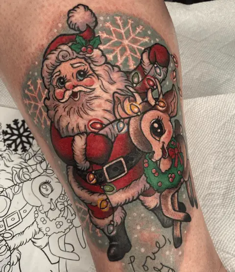 Vintage Santa and Reindeer Tattoo