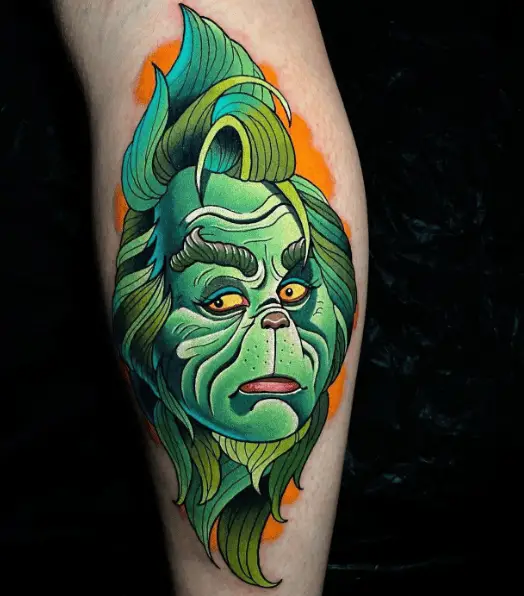 Grinch Face Leg Tattoo