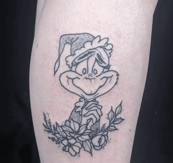 Black Line Grinch Tattoo with Flowers 