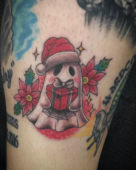 Christmas Ghost with Gift Leg Tattoo