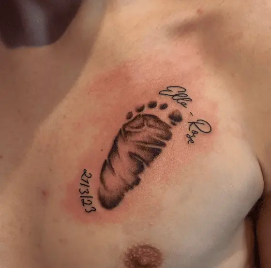 Baby Footprint with Date and Name Chest Tattoo