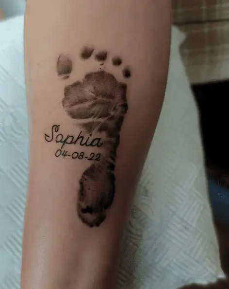 Baby Footprint and Name with Date Forearm Tattoo