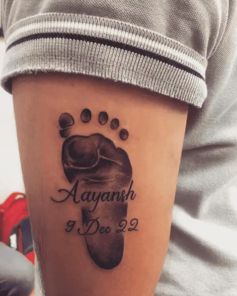 Baby Name, DOB with Footprint Arm Tattoo