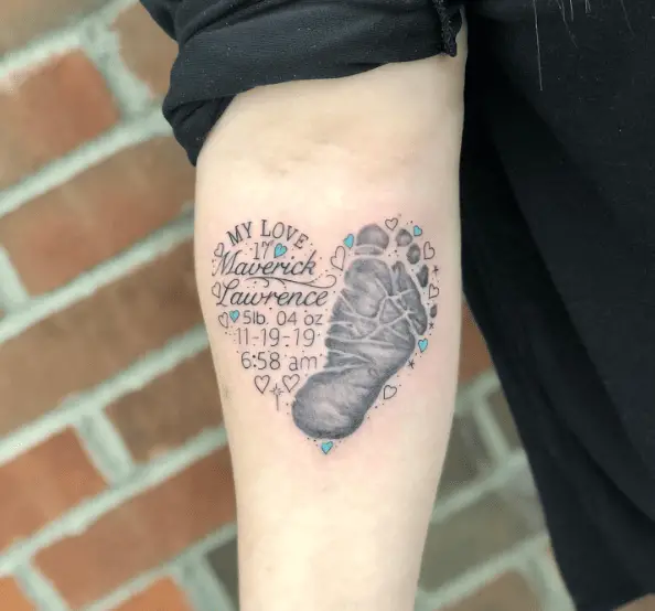 Baby Footprint and Birth Details Heart Shaped Tattoo