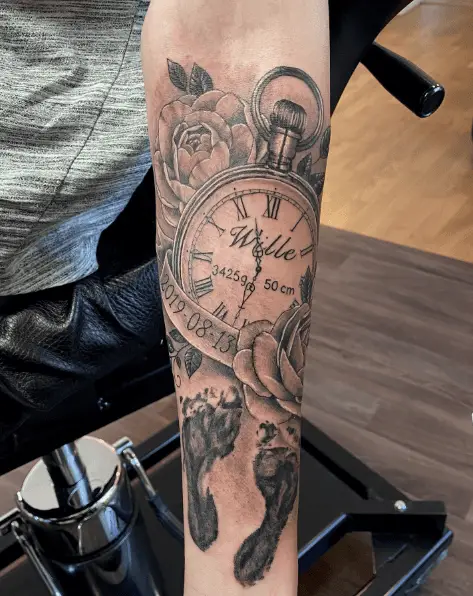 Baby Footprint, Roses, Old Clock with Baby Birth Info Tattoo 