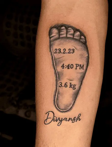 Grey Shade Baby Footprint with Baby Info Tattoo