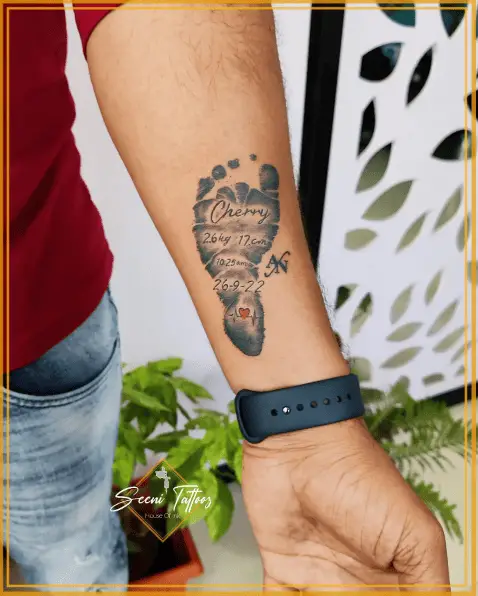 Baby Footprint and Birth Details Forearm Tattoo