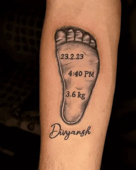 Baby Name and Footprint with Birth Details Tattoo