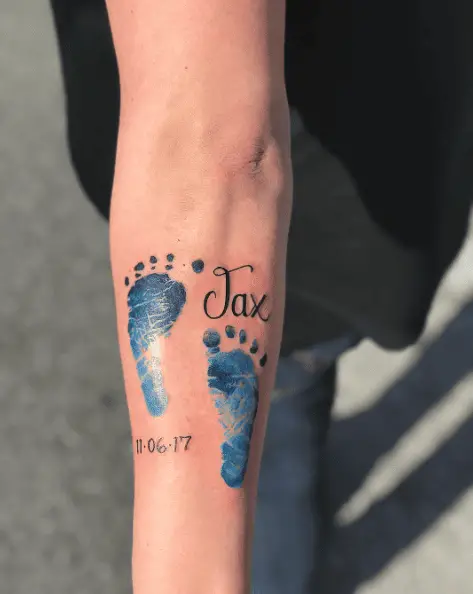 Blue Ink Double Baby Footprints with Baby Name and DOB Tattoo
