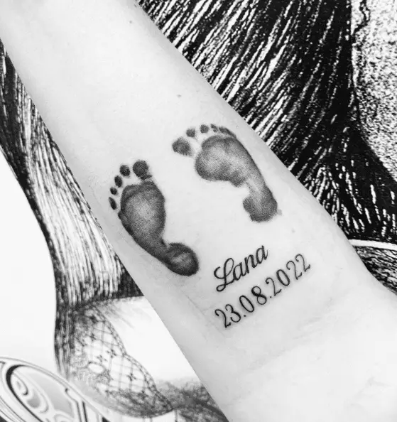 Double Baby Footprints with Name and Date Tattoo