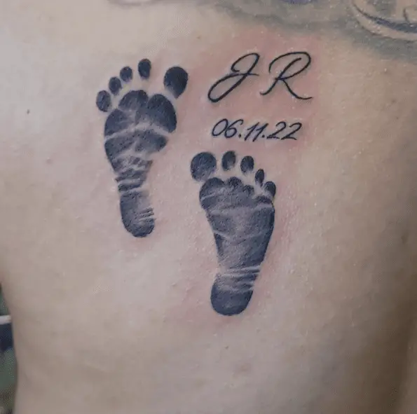Double Baby Footprints and DOB with Initials Tattoo