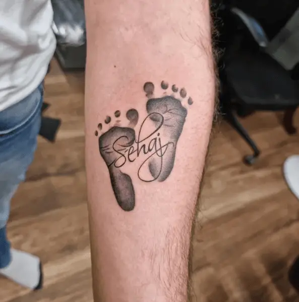 Double Baby Footprints with Name Forearm Tattoo