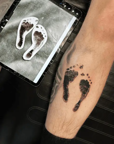 Realistic Black and Grey Footprints Leg Tattoo