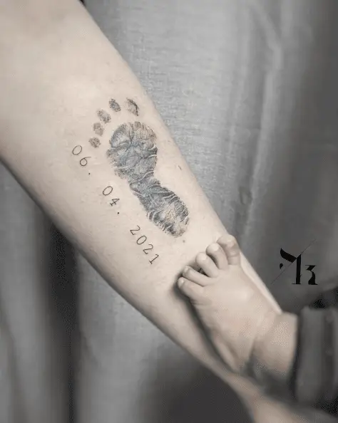 Baby Footprint with DOB Forearm Tattoo