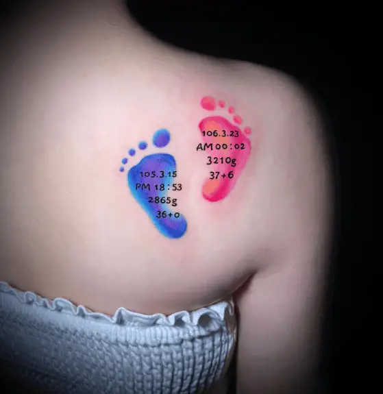 Blue and Pink Babies Footprint with Birth Details Shoulder Tattoo