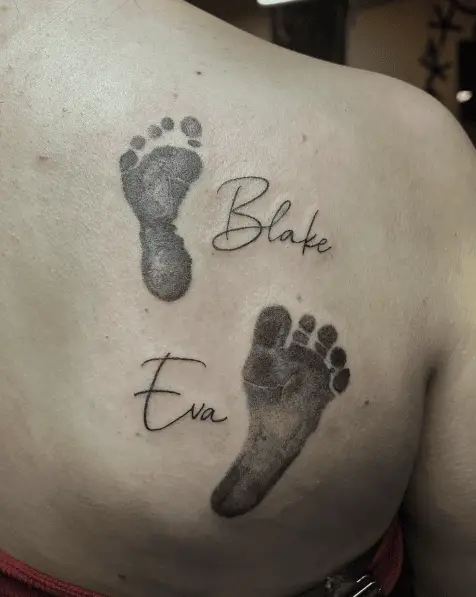 Couple Baby Feet with Names Back Tattoo