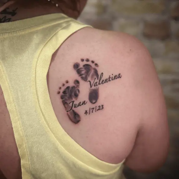 Twin Footprint Piece with Names and Date Shoulder Tattoo