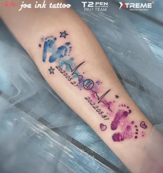 Blue and Purple Siblings Feet Prints with Hearts and Stars Forearm Tattoo