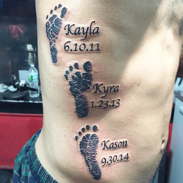 Three Siblings Foot Prints with Names and DOB Ribs Tattoo