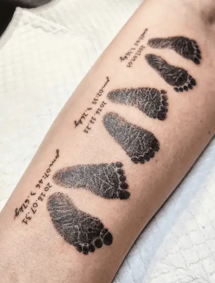 Three Siblings Double Footprints with Birth Info Tattoo