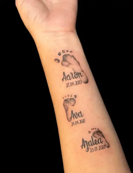 Three Siblings Footprints with Names and DOB Tattoo