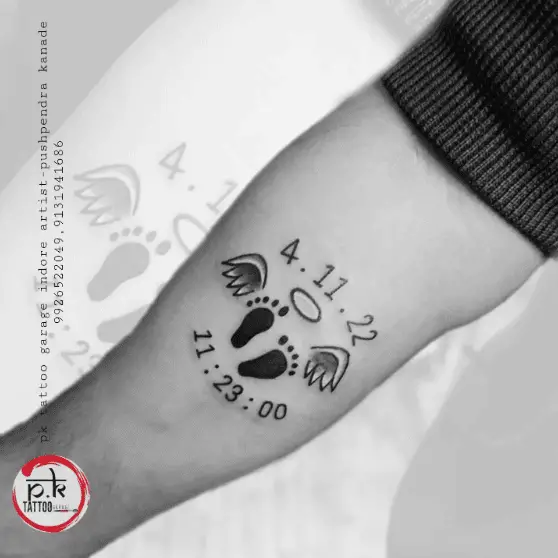Baby Footprint with Angel Wings and Birth Details Tattoo