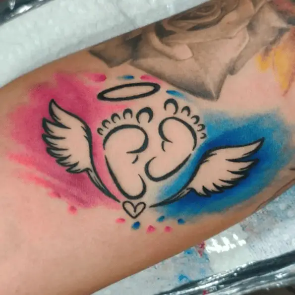 Black Line Baby Feet with Angel Wings Watercolor Tattoo