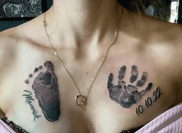 Baby Hand and Foot Prints with Name, DOB Chest Tattoo