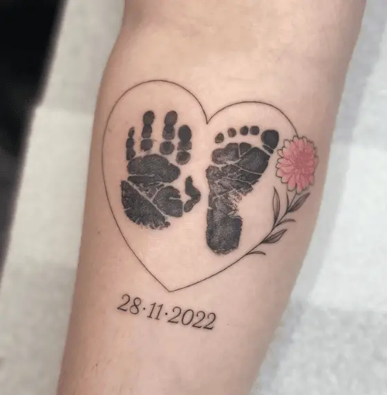 Baby Prints on Floral Heart Shape with DOB Tattoo