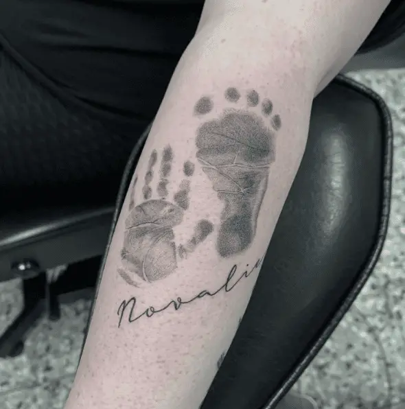 Baby Hand and Footprint with Name Forearm Tattoo