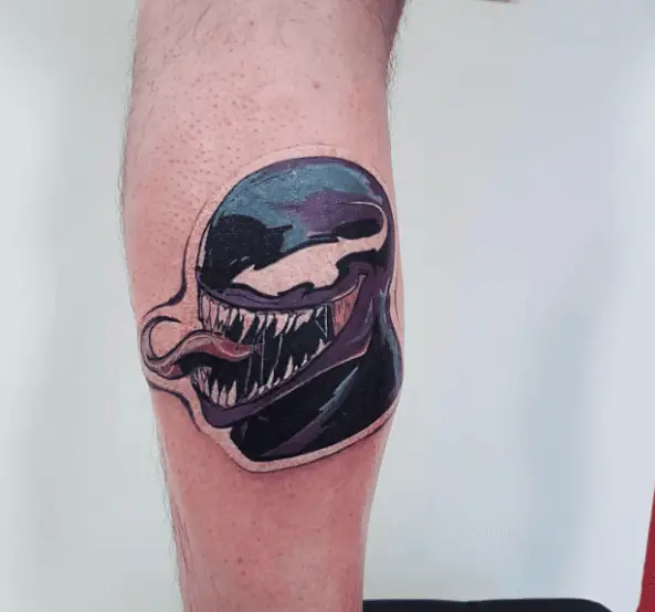 Purple Ink Venom Head Leg Tattoo