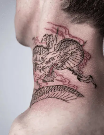 Black Line Dragon Neck Tattoo